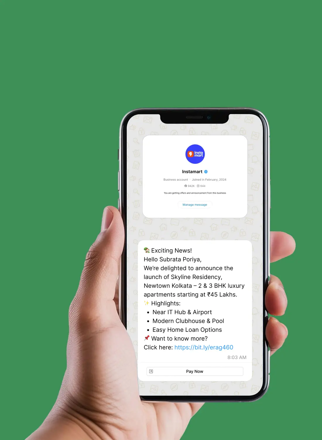 WhatsApp Business API integration card for conversational banking journeys