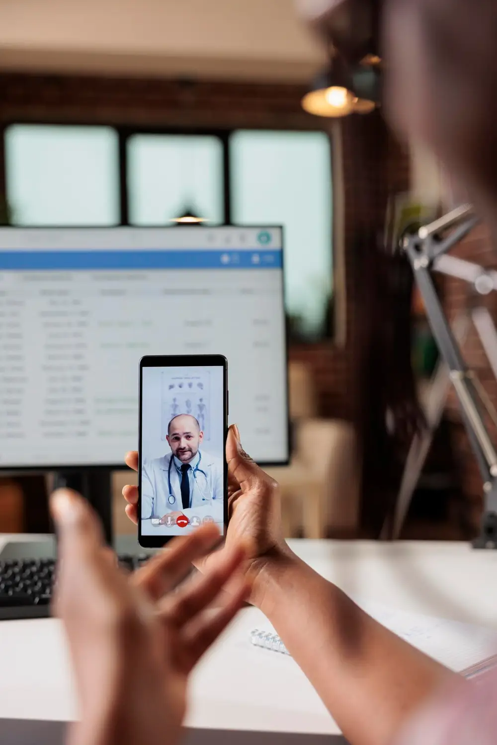 Telemedicine and remote patient monitoring illustration with video consults and vitals tracking